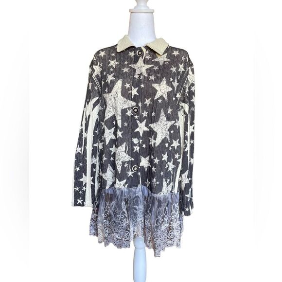 Origami Star Print Lace Trim Tunic Blouse Jacket Womens Size Small Medium - Picture 1 of 9